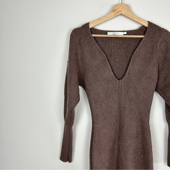 Astr Plunge V-neck Long Sleeve Sweater Dress In Mocha - Picture 3 of 7